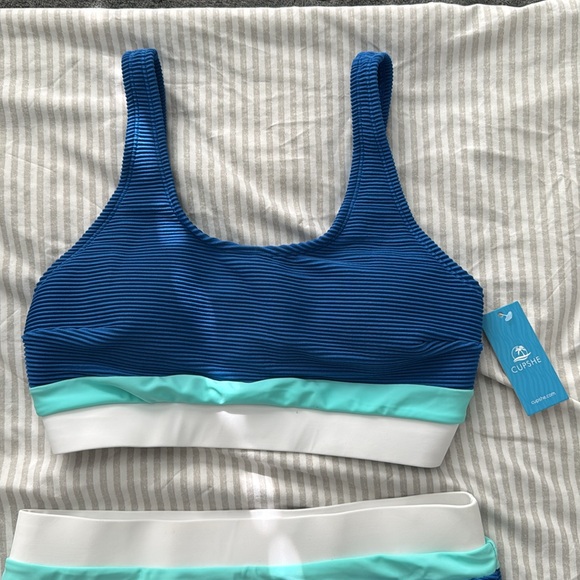 CUPSHE Sunny Blue Colorblock Bralette & Banded High Waist Bikini Set - Picture 2 of 4